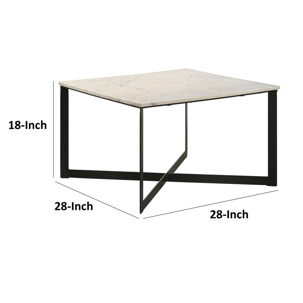 Sovi 28 Inch Side Coffee Table, Marble Top, Black Metal Frame, White Finish By Casagear Home