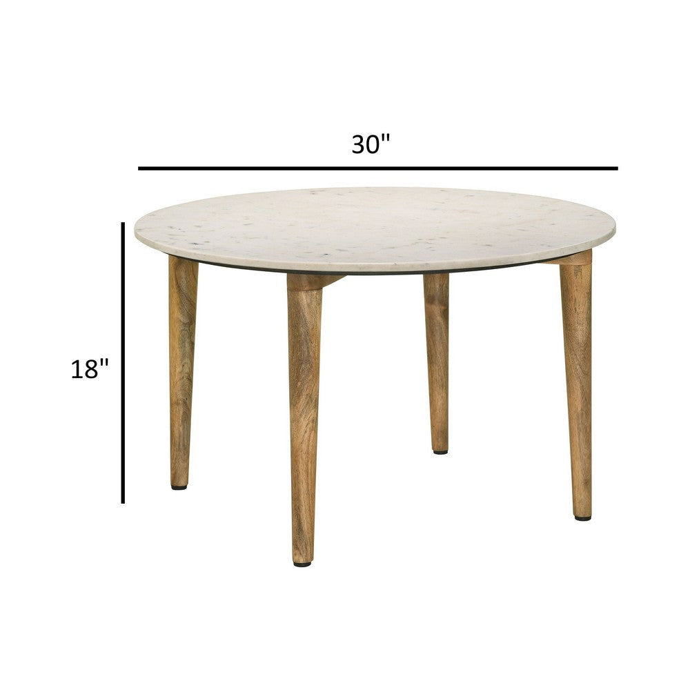 Wolu 30 Inch Coffee Table White Marble Round Top Natural Brown Mango Wood By Casagear Home BM315349