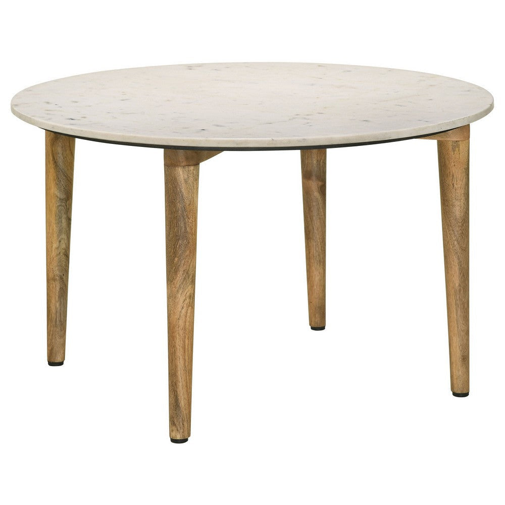 Wolu 30 Inch Coffee Table White Marble Round Top Natural Brown Mango Wood By Casagear Home BM315349