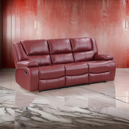 Mila 85 Inch Modern Manual Recliner Sofa, 3 Seater, Red Faux Leather By Casagear Home