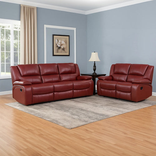 Mila 2pc Manual Recliner Sofa and Loveseat Set, Red Faux Leather, Wood By Casagear Home