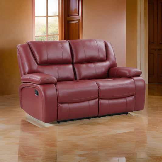 Mila 62 Inch Modern Manual Recliner Loveseat, 3 Seater, Red Faux Leather By Casagear Home