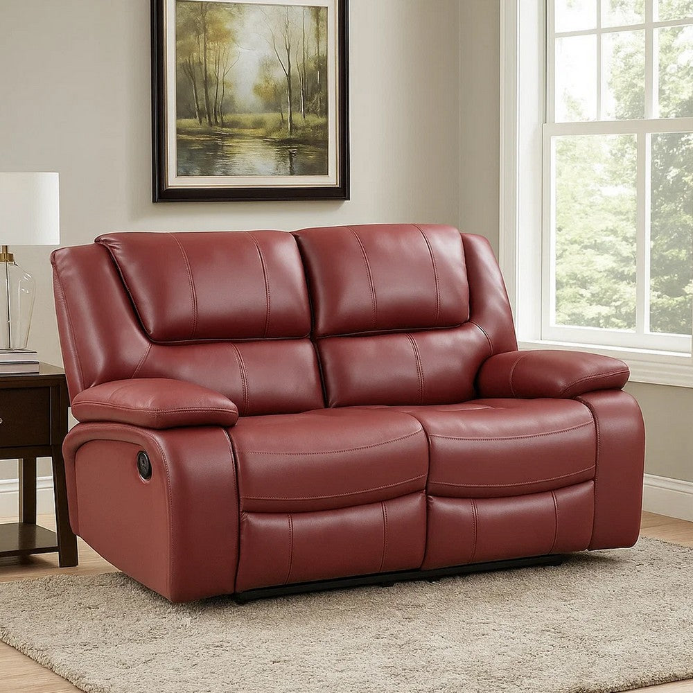 Mila 62 Inch Modern Manual Recliner Loveseat, 3 Seater, Red Faux Leather By Casagear Home