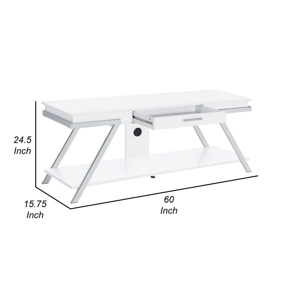 Casey 60 Inch TV Entertainment Console 1 Drawer Angled Metal Legs White By Casagear Home BM315357