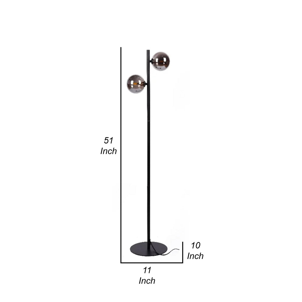 51 Inch Modern Floor Lamp 2 Side Lights with Round Glass Black Metal By Casagear Home BM315373