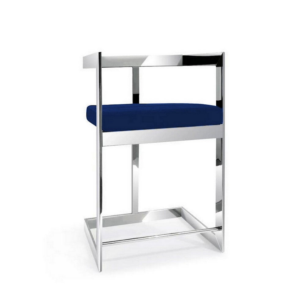 Gei 26 Inch Counter Height Chair, Cantilever, Blue Velvet, Chrome Metal By Casagear Home