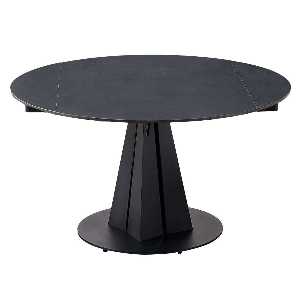 Jeny 34-51 Inch Dining Table Extendable Round Stone Top Black Steel By Casagear Home BM315386