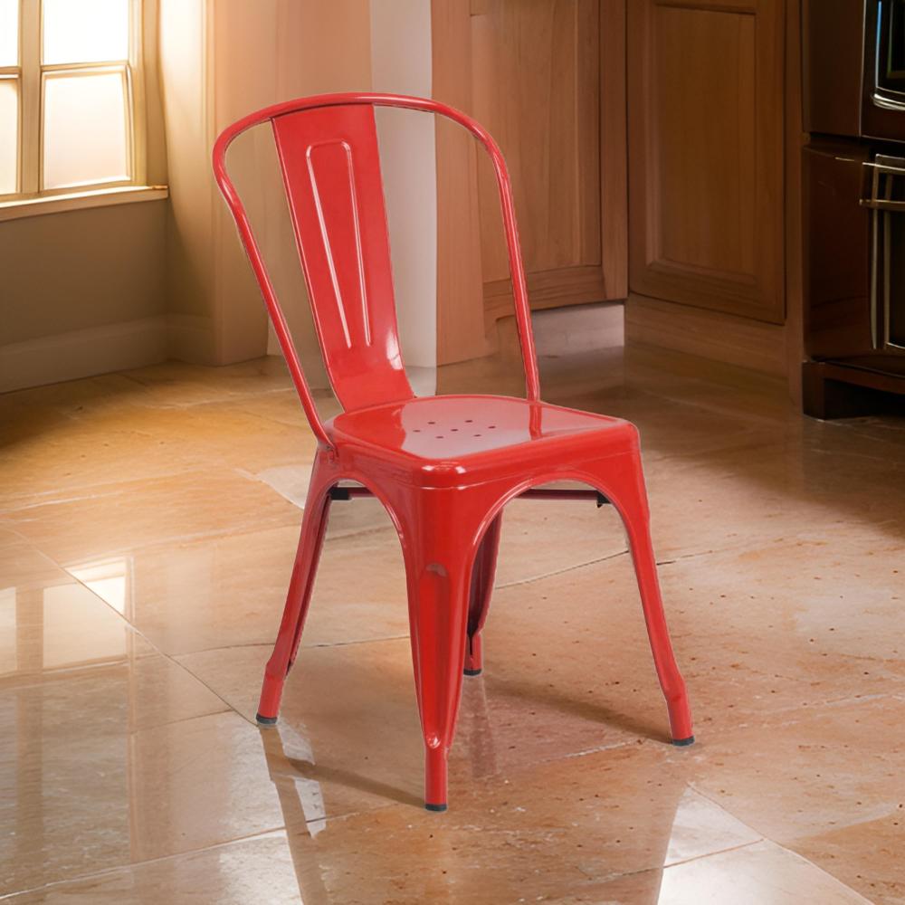 Mae 25 Inch Side Dining Chair, Set of 4, Industrial Tolix Stackable, Red Metal