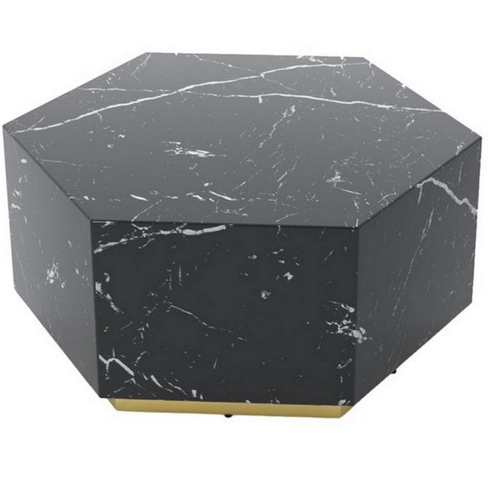 Hexi 35 Inch Coffee Table Hexagonal Black Faux Marble Design Gold Base By Casagear Home BM315407