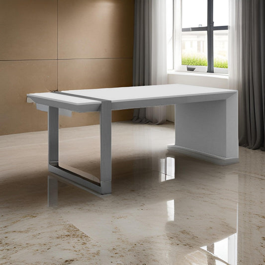 Hexy 48 Inch Coffee Table, Rectangular, White Wood Finish, Chrome Steel By Casagear Home