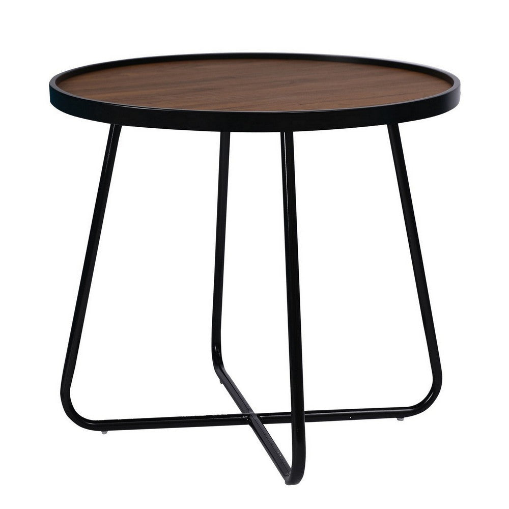 Lei 24 Inch Side End Table Round Top Black Metal Cross Base Walnut Brown By Casagear Home BM315413