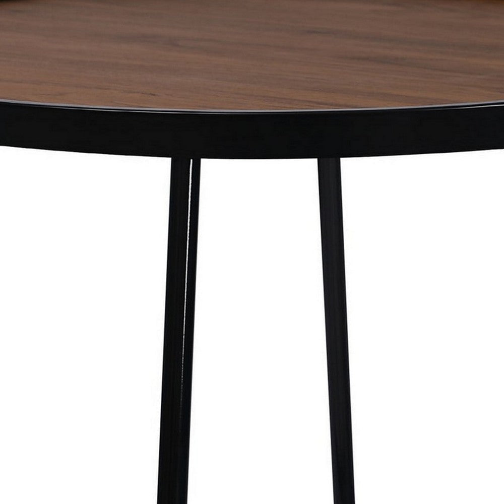 Lei 24 Inch Side End Table Round Top Black Metal Cross Base Walnut Brown By Casagear Home BM315413