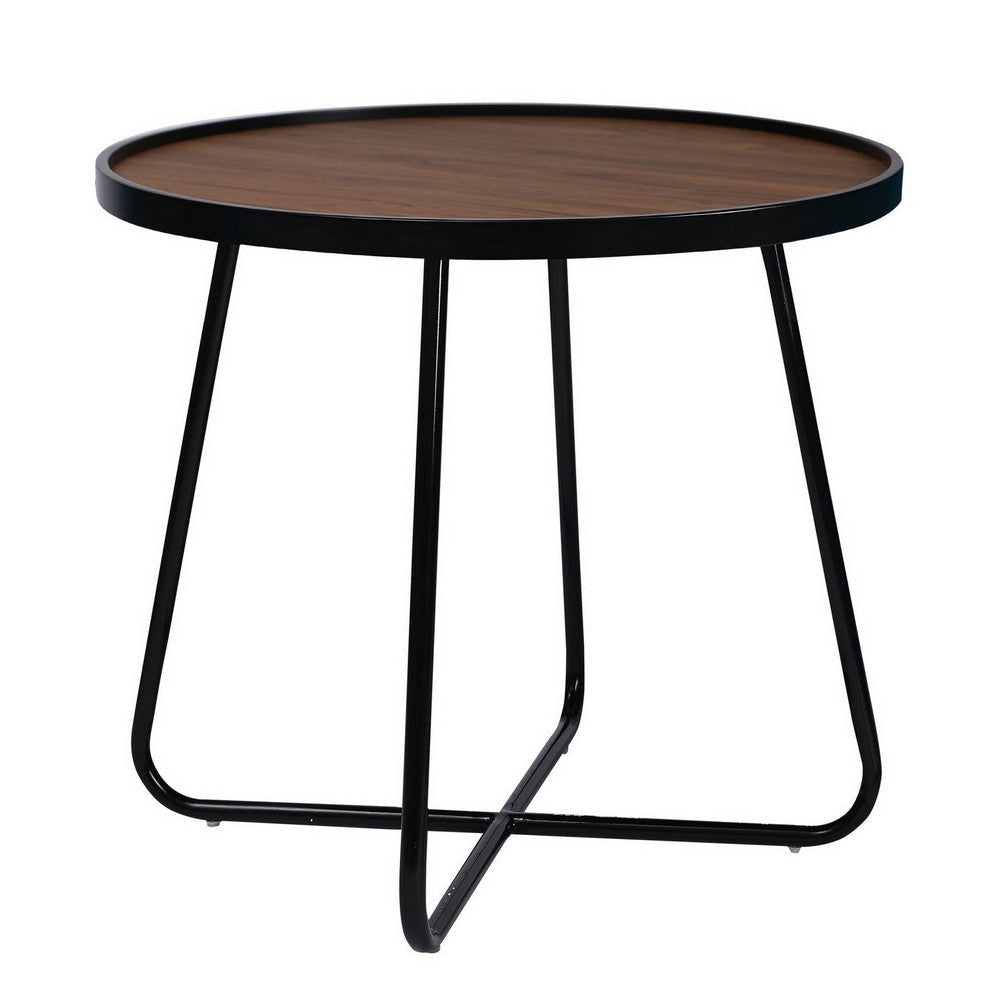 Lei 24 Inch Side End Table Round Top Black Metal Cross Base Walnut Brown By Casagear Home BM315413