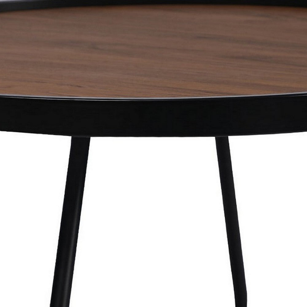 Lei 28 Inch Coffee Table Round Top Crossed Base Black Metal Walnut Brown By Casagear Home BM315414