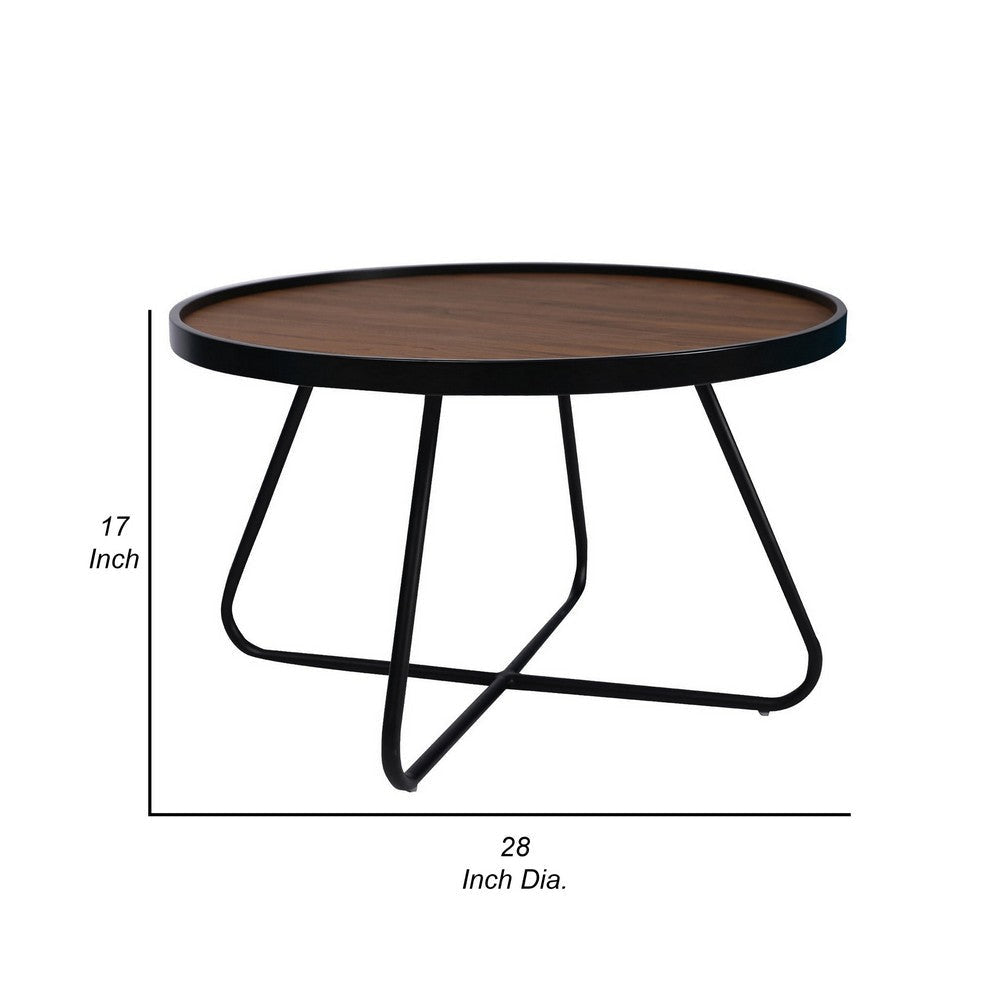 Lei 28 Inch Coffee Table Round Top Crossed Base Black Metal Walnut Brown By Casagear Home BM315414