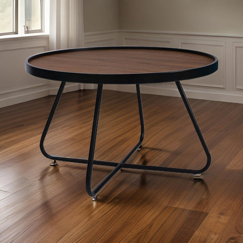 Lei 28 Inch Coffee Table, Round Top Crossed Base, Black Metal, Walnut Brown By Casagear Home