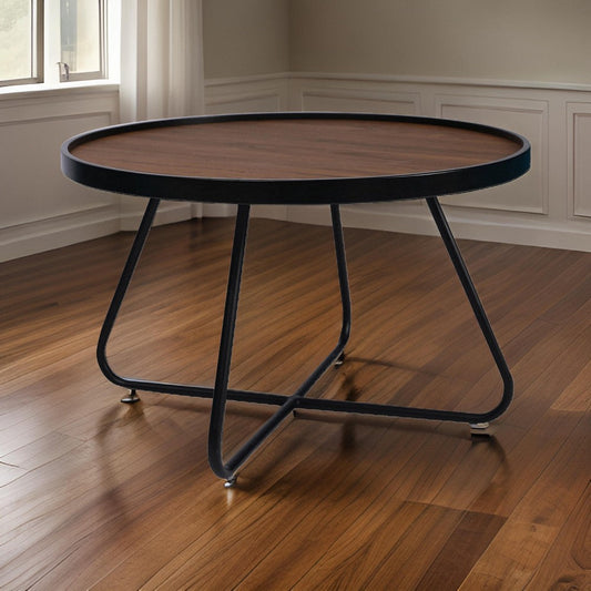Lei 28 Inch Coffee Table, Round Top Crossed Base, Black Metal, Walnut Brown By Casagear Home