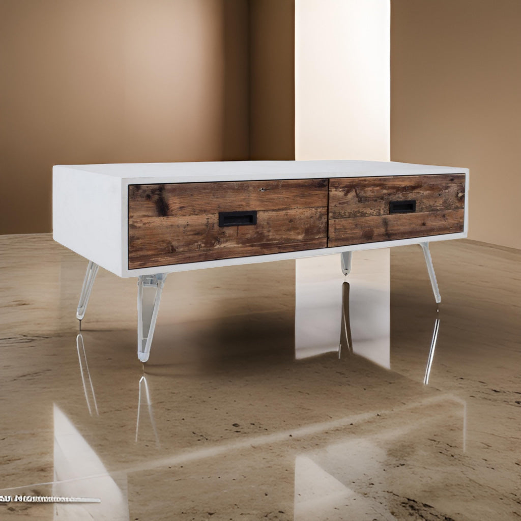 Fem 48 Inch Modern Coffee Table 2 Drawers Angled Base White Brown Wood By Casagear Home BM315415