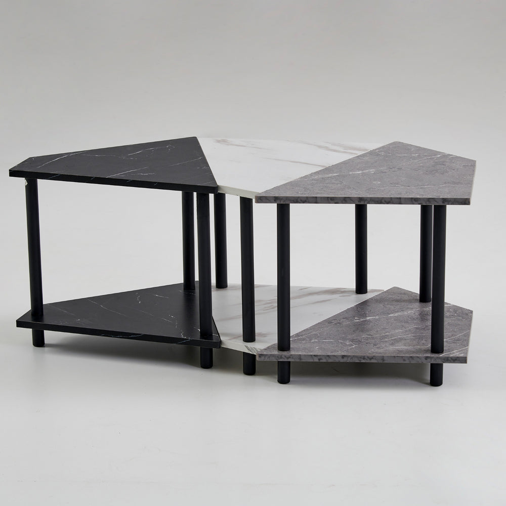 Shy 3 Piece Coffee Table Set, 2 Tier Geometric Shelves, Black, Gray, White By Casagear Home