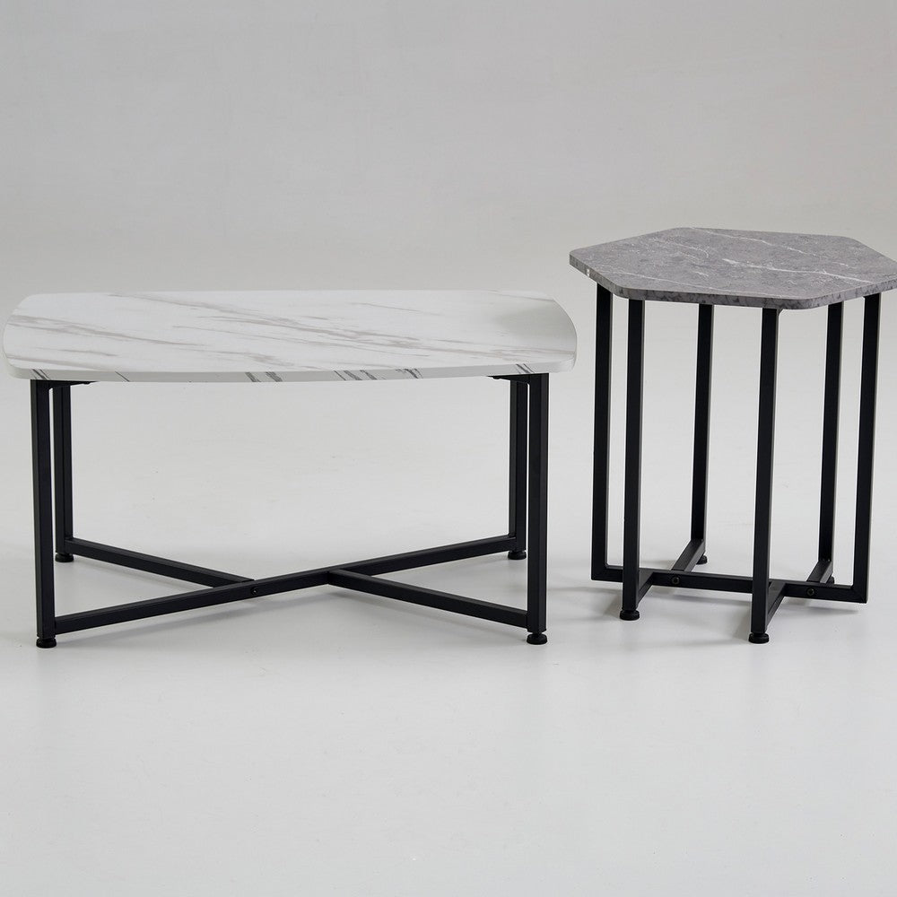 Shy Coffee and End Table Set of 2 White Geometric Top Gray Black Steel By Casagear Home BM315421