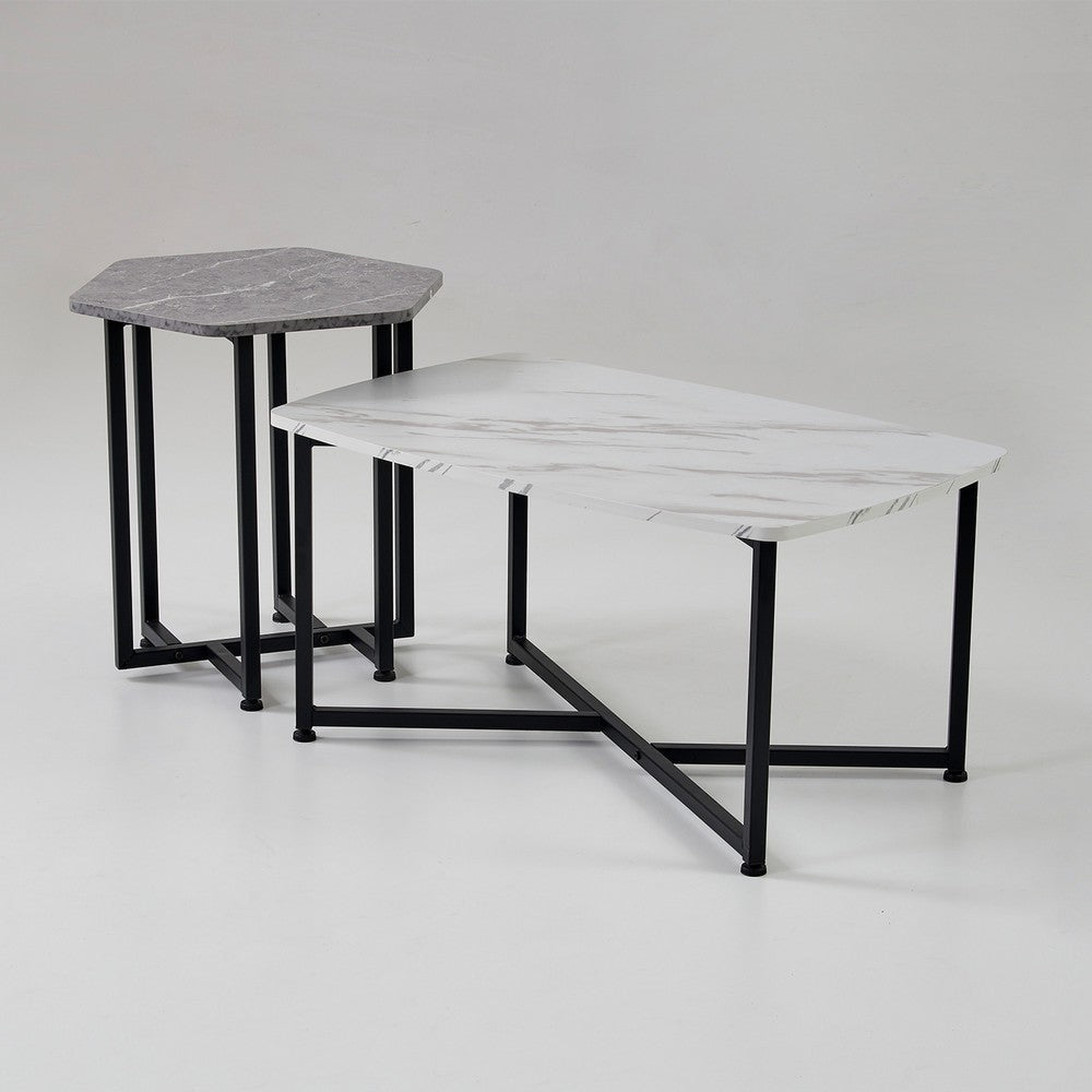 Shy Coffee and End Table Set of 2 White Geometric Top Gray Black Steel By Casagear Home BM315421