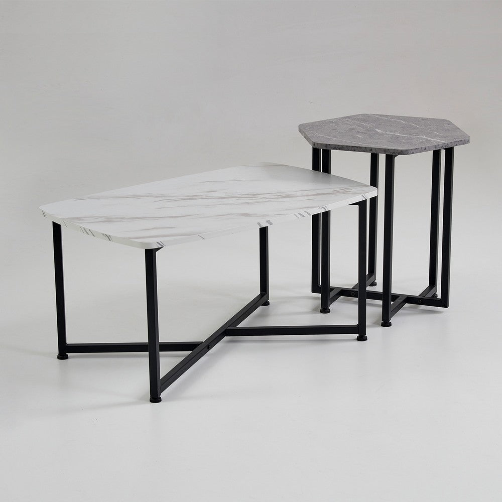 Shy Coffee and End Table Set of 2, White Geometric Top, Gray, Black Steel By Casagear Home