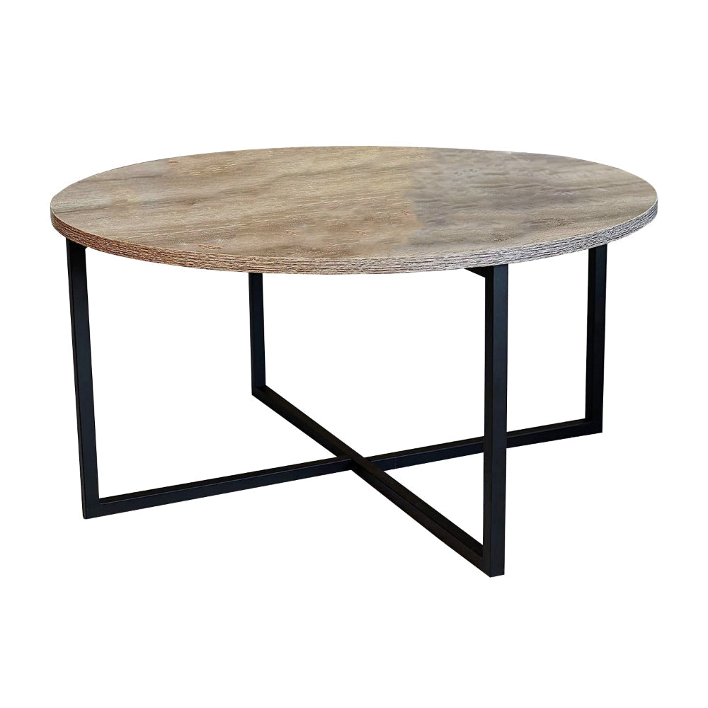 Jyn 34 Inch Coffee Table Round Top Black Crossed Base Walnut Brown Wood By Casagear Home BM315423