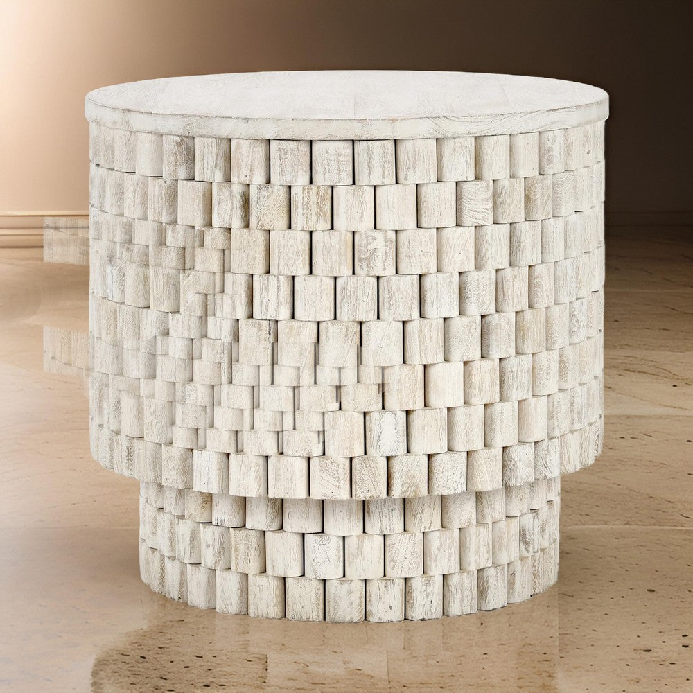 Nor 25 Inch End Table, Round, Square Check Pattern, White Solid Mango Wood By Casagear Home