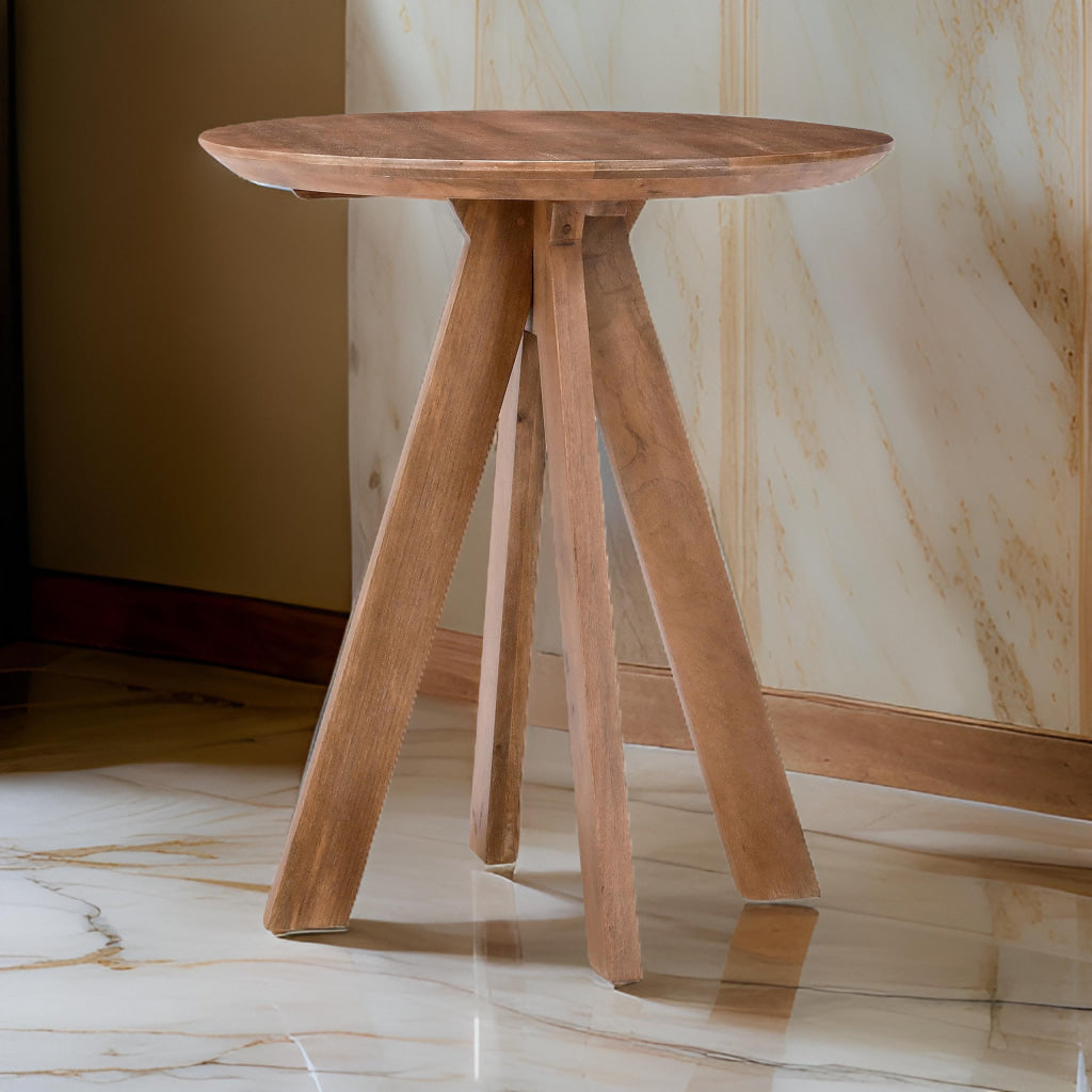 Dri 36 Inch Counter Table Round Top Pyramid Base Brown Solid Mango Wood By Casagear Home BM315458