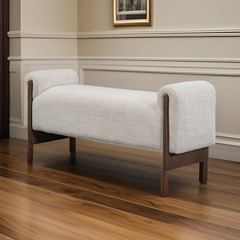 Sira 60 Inch Wide Bench, Beige Polyester Upholstery, Solid Ash Wood By Casagear Home