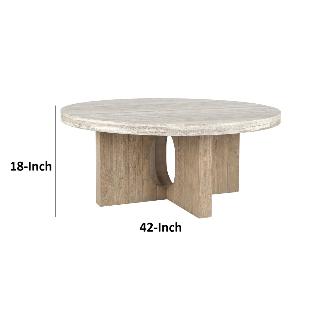 Tab 42 Inch Coffee Table White Round Top Tripod Base Concrete Pine Wood By Casagear Home BM315461