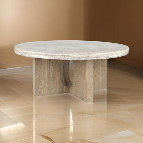 Tab 42 Inch Coffee Table, White Round Top, Tripod Base, Concrete, Pine Wood By Casagear Home