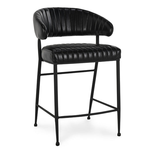 Bri 26 Inch Counter Stool Chair, Curved Padded, Tufted Black Leather, Iron By Casagear Home