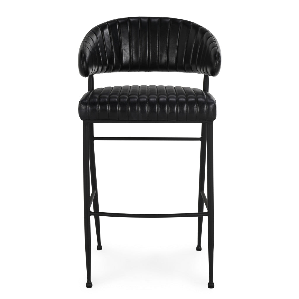 Bri 30 Inch Barstool Chair Curved Padded Tufted Black Leather Iron By Casagear Home BM315465