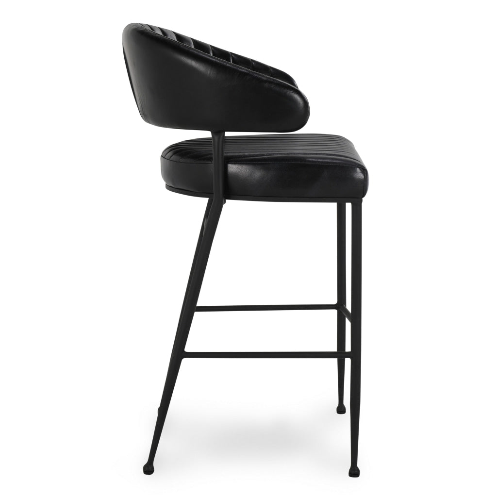 Bri 30 Inch Barstool Chair Curved Padded Tufted Black Leather Iron By Casagear Home BM315465