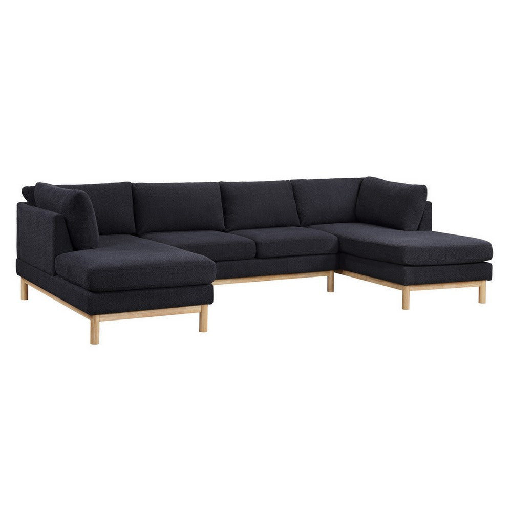 Hle 124 Inch Wide Sectional Sofa Double Chaise U Shape Black Sherpa Wood By Casagear Home BM315486