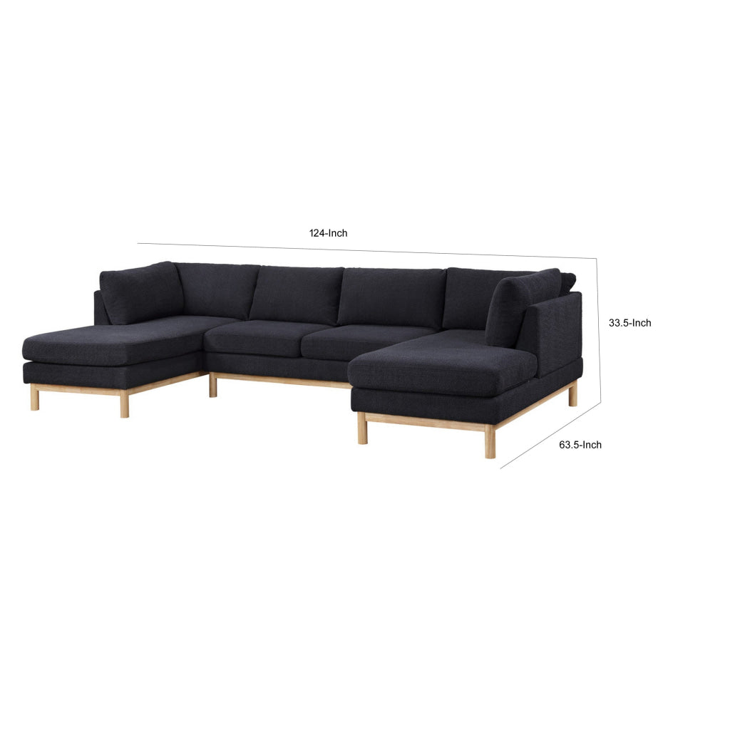 Hle 124 Inch Wide Sectional Sofa Double Chaise U Shape Black Sherpa Wood By Casagear Home BM315486