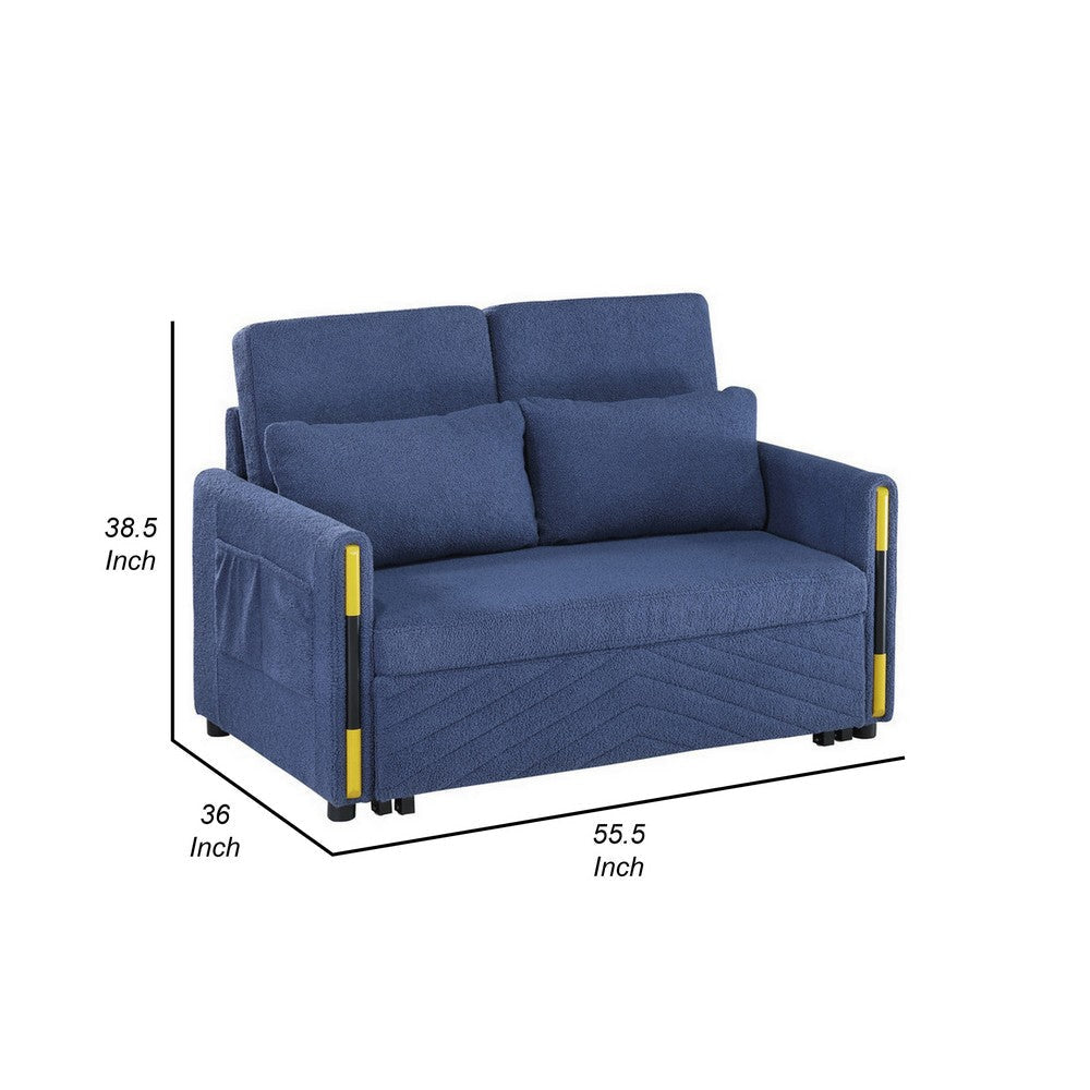 Pcy 56 Inch Sleeper Loveseat with Side Pockets Blue Teddy Velvet Wood By Casagear Home BM315489