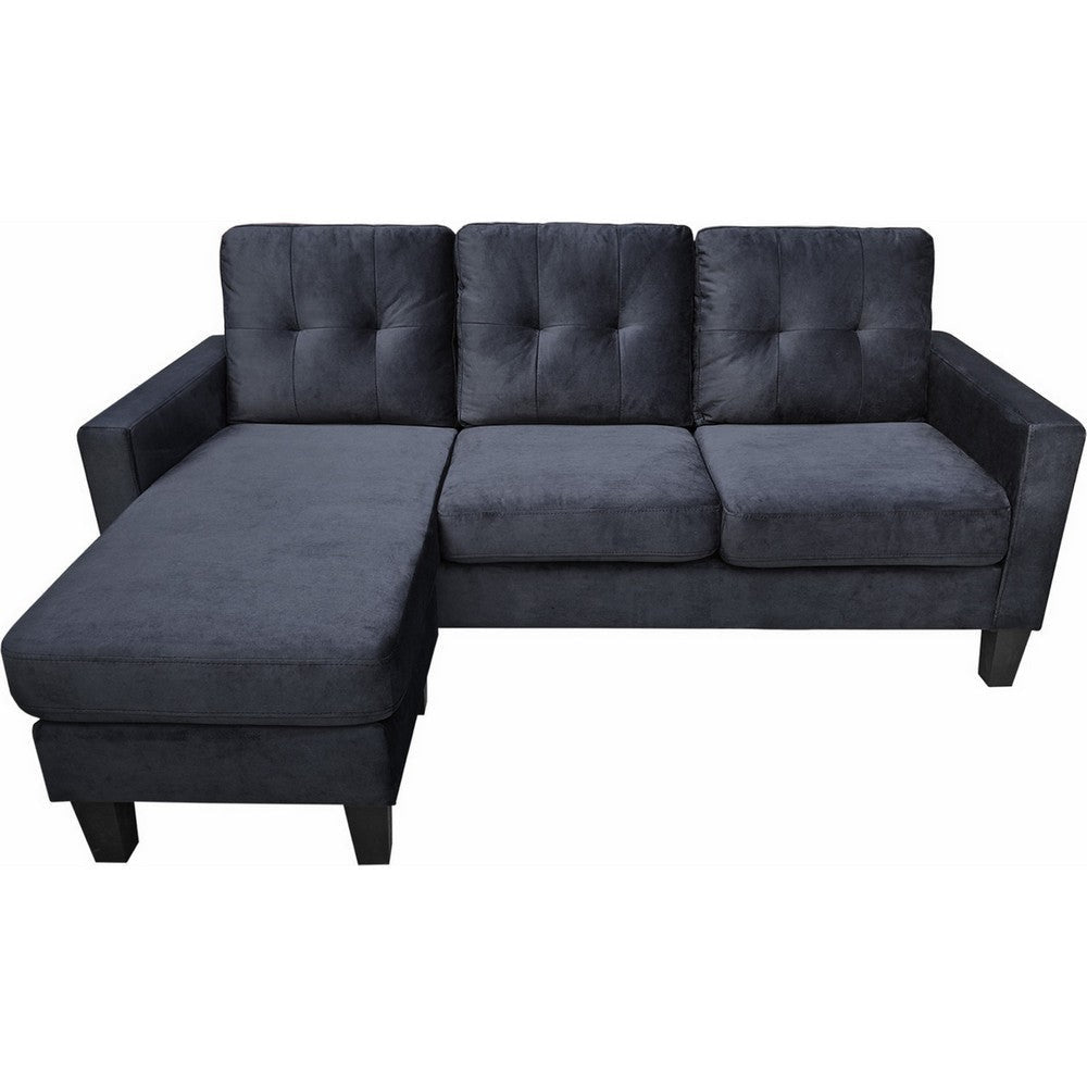 Dennis 73 Inch Reversible Sectional Sofa Chaise Black Velvet Solid Wood By Casagear Home BM315491