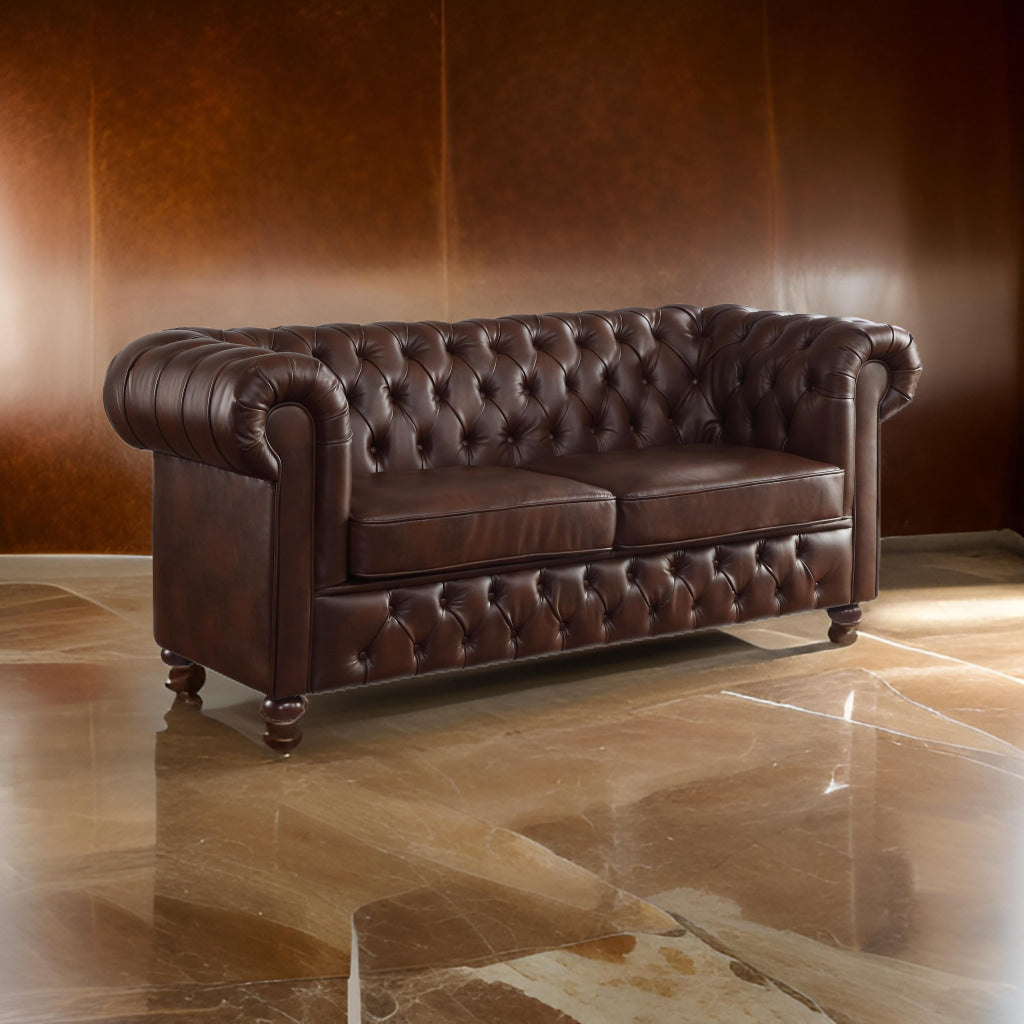 Ivey 83 Inch Sofa Rolled Arms Chesterfield Tufted Brown Faux Leather By Casagear Home BM315498