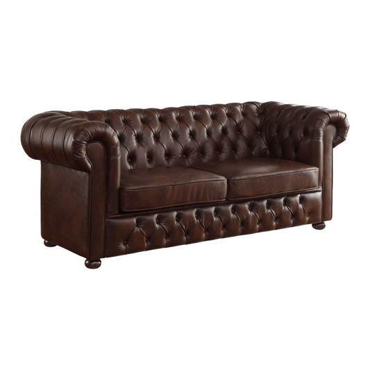 Ivey 83 Inch Sofa, Rolled Arms, Chesterfield Tufted Brown Faux Leather By Casagear Home