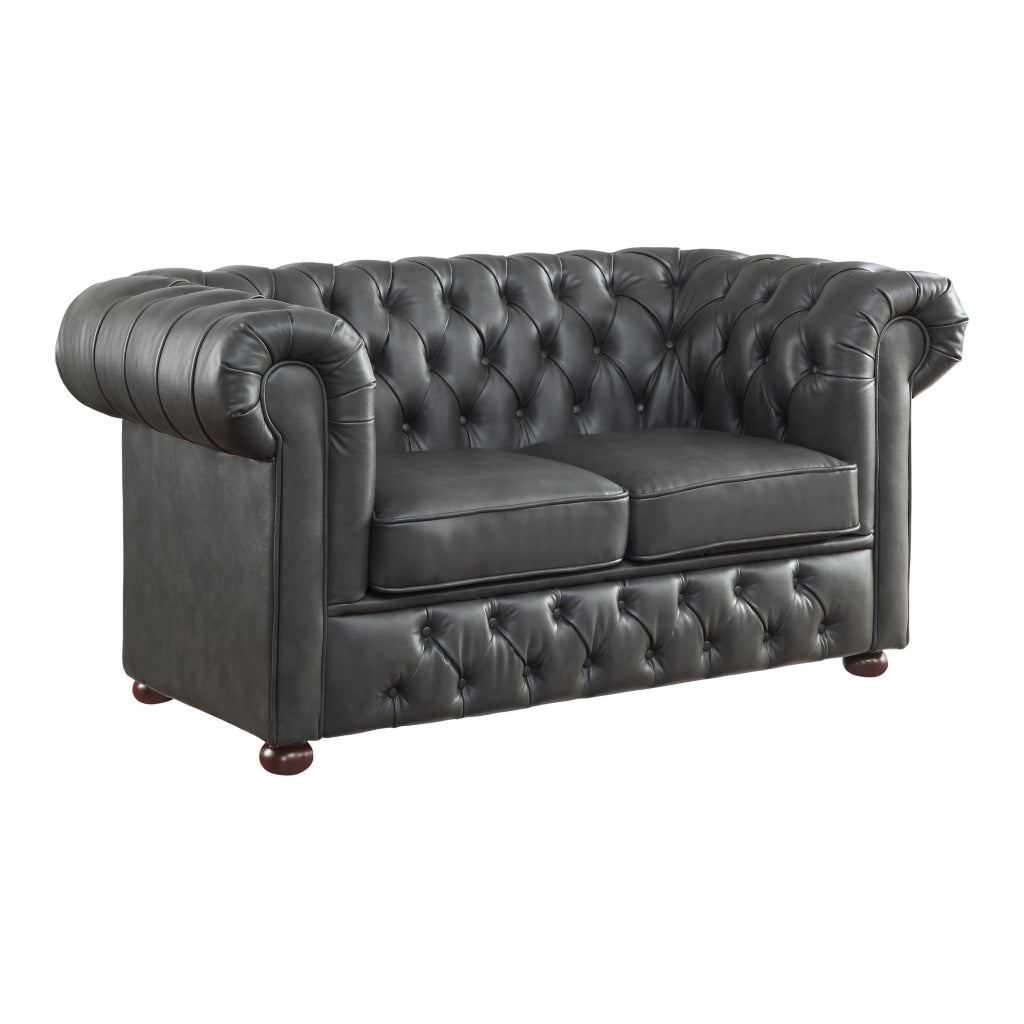 Ivey 67 Inch Loveseat Gray Faux Leather Tufted Chesterfield Solid Wood By Casagear Home BM315500