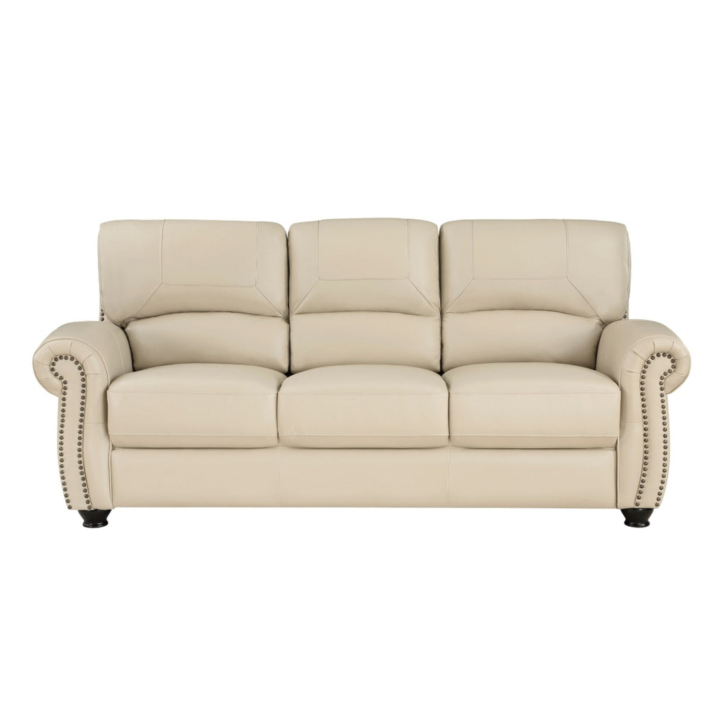 Kia 84 Inch Sofa Cream Top Grain and Faux Leather Brown Solid Wood By Casagear Home BM315506