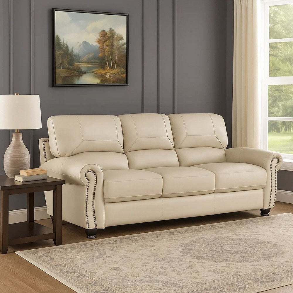 Kia 84 Inch Sofa, Cream Top Grain and Faux Leather, Brown Solid Wood By Casagear Home