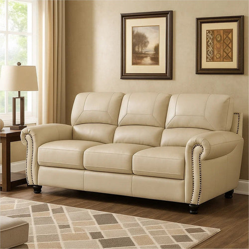 Kia 84 Inch Sofa, Cream Top Grain and Faux Leather, Brown Solid Wood By Casagear Home