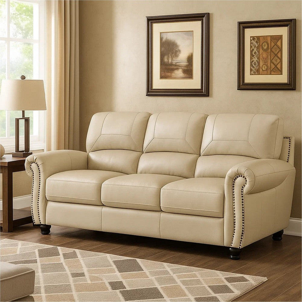 Kia 84 Inch Sofa, Cream Top Grain and Faux Leather, Brown Solid Wood By Casagear Home