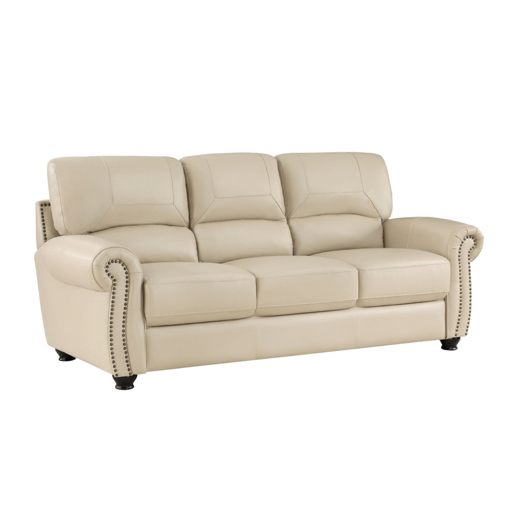 Kia 84 Inch Sofa Cream Top Grain and Faux Leather Brown Solid Wood By Casagear Home BM315506