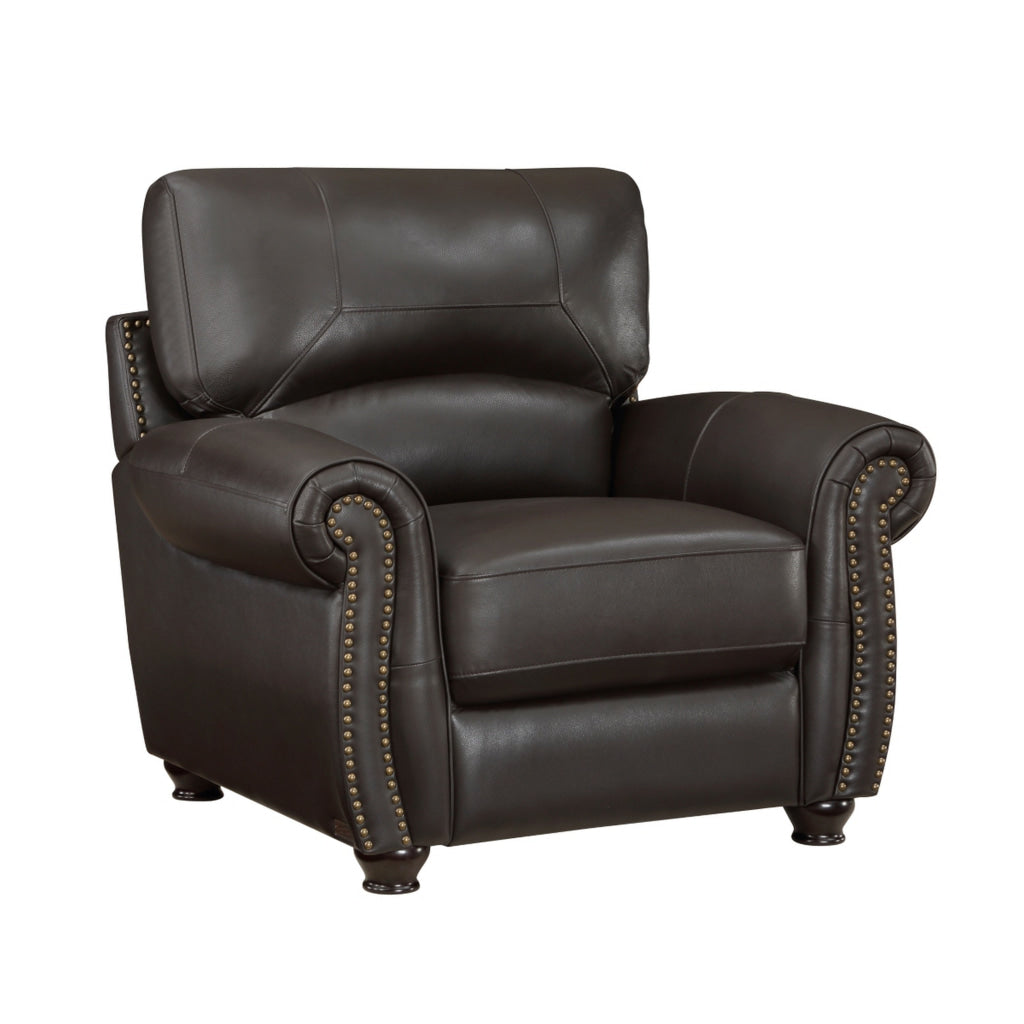 Kia 37 Inch Accent Chair Dark Brown Top Grain and Faux Leather Solid Wood By Casagear Home BM315507