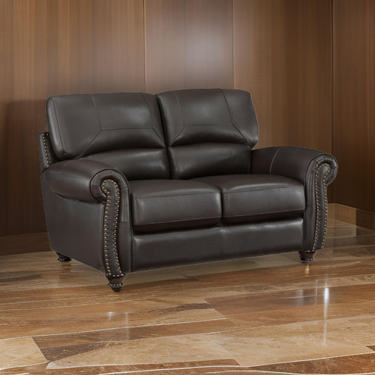 Kia 63 Inch Loveseat Dark Brown Top Grain and Faux Leather Solid Wood By Casagear Home BM315508