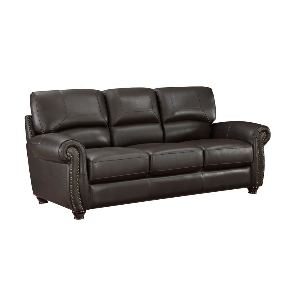 Kia 84 Inch Sofa, Dark Brown Top Grain and Faux Leather, Solid Wood By Casagear Home